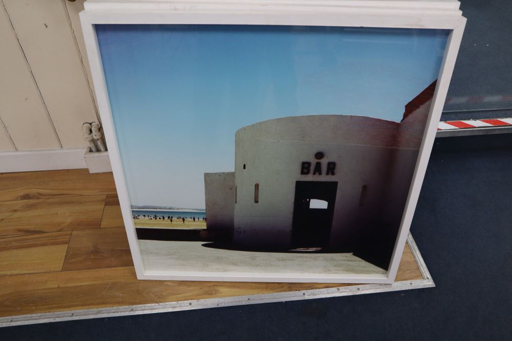 A set of three modern photographic prints, Beach Bar, Diver and Buoys, 72.5 x 72.5cm and two Rugby related photographs